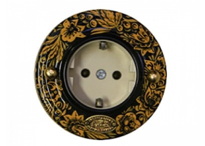 Розетка с заземляющими контактами "Гусевъ", роспись Хохлома, механизм Legrand, диаметр 80мм